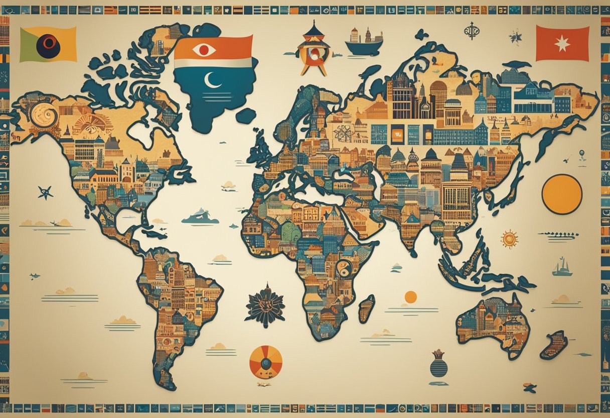 A world map with various cultural symbols representing the evil eye myth. Symbols from different countries and regions show the global impact and diversity of the belief