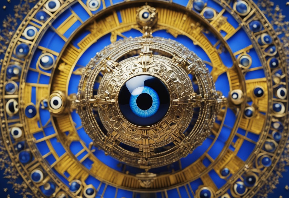 A globe surrounded by different versions of the evil eye symbol from around the world