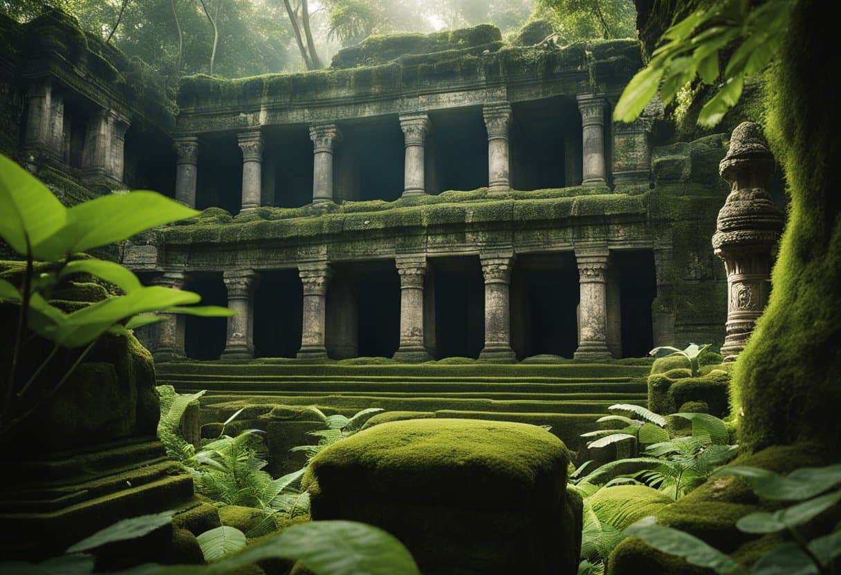 Sunlight filters through towering ancient ruins, engulfed by lush green jungle. Intricate carvings and moss-covered stone tell tales of a lost civilization