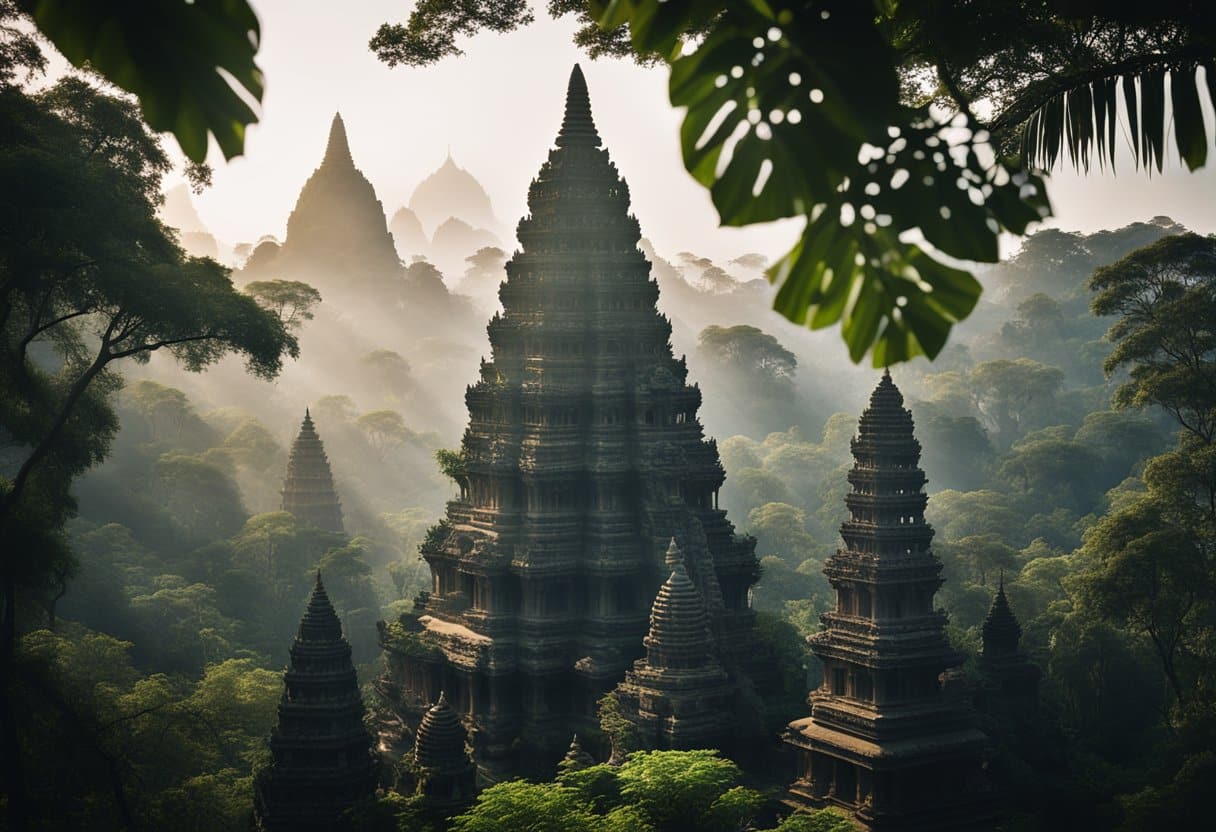 Ancient temples rise from lush jungle, surrounded by intricate carvings and towering spires, shrouded in mystery and allure