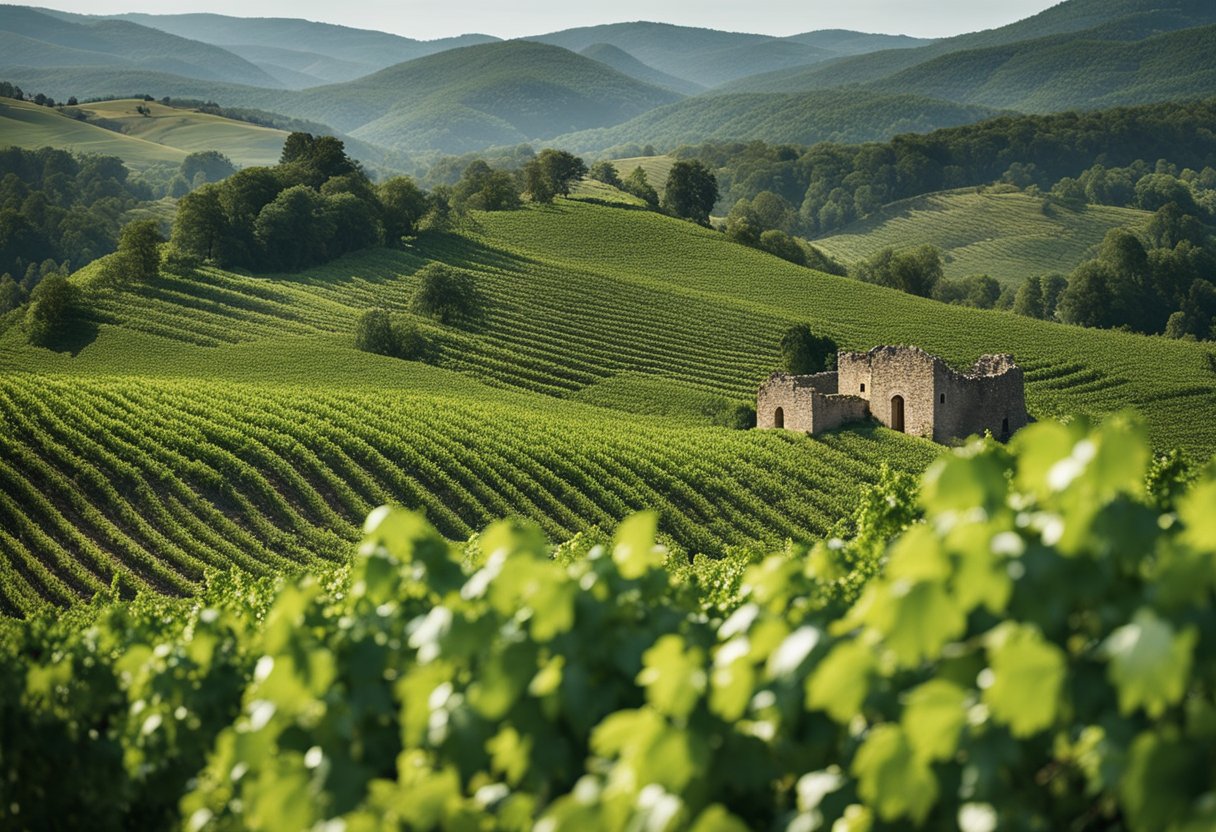 Lush green vineyards sprawl across rolling hills, ancient ruins peeking through the foliage. A team of scientists and archaeologists meticulously excavate artifacts, unearthing the birthplace of wine in Georgia