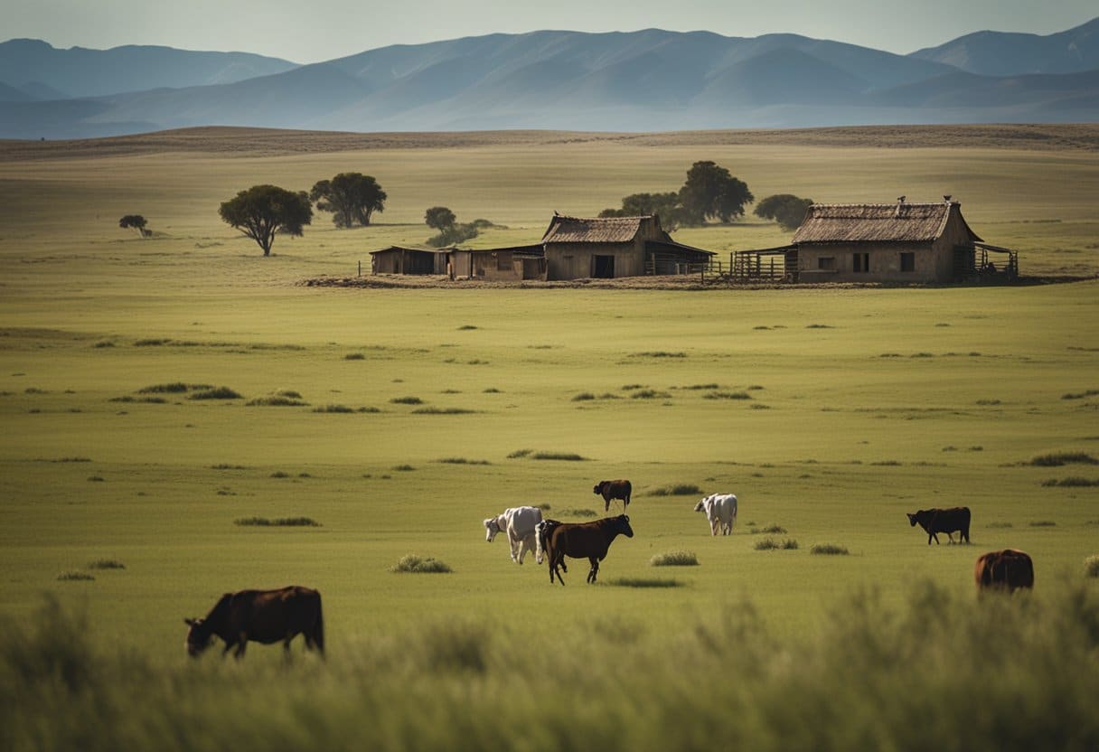 Vast grassy plains with herds of cattle, gauchos riding on horseback, traditional adobe ranch houses, and the iconic Argentinean flag waving in the wind