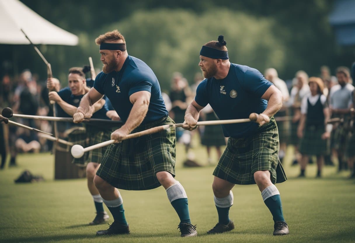 Athletes compete in traditional Scottish events, tossing cabers and hammers, showcasing strength and celebrating their heritage at the Highland Games