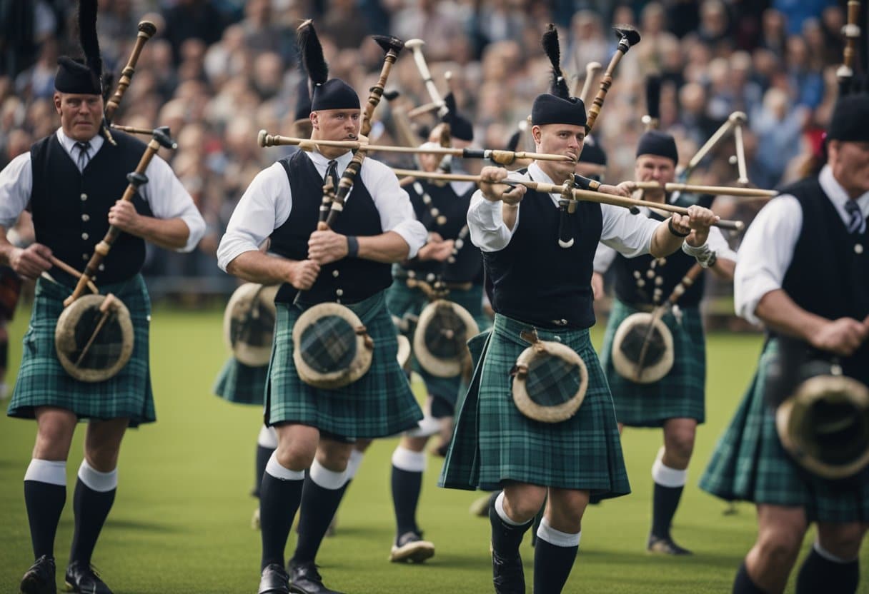 Athletes compete in traditional Scottish events, tossing cabers and throwing hammers, surrounded by spectators and bagpipe music