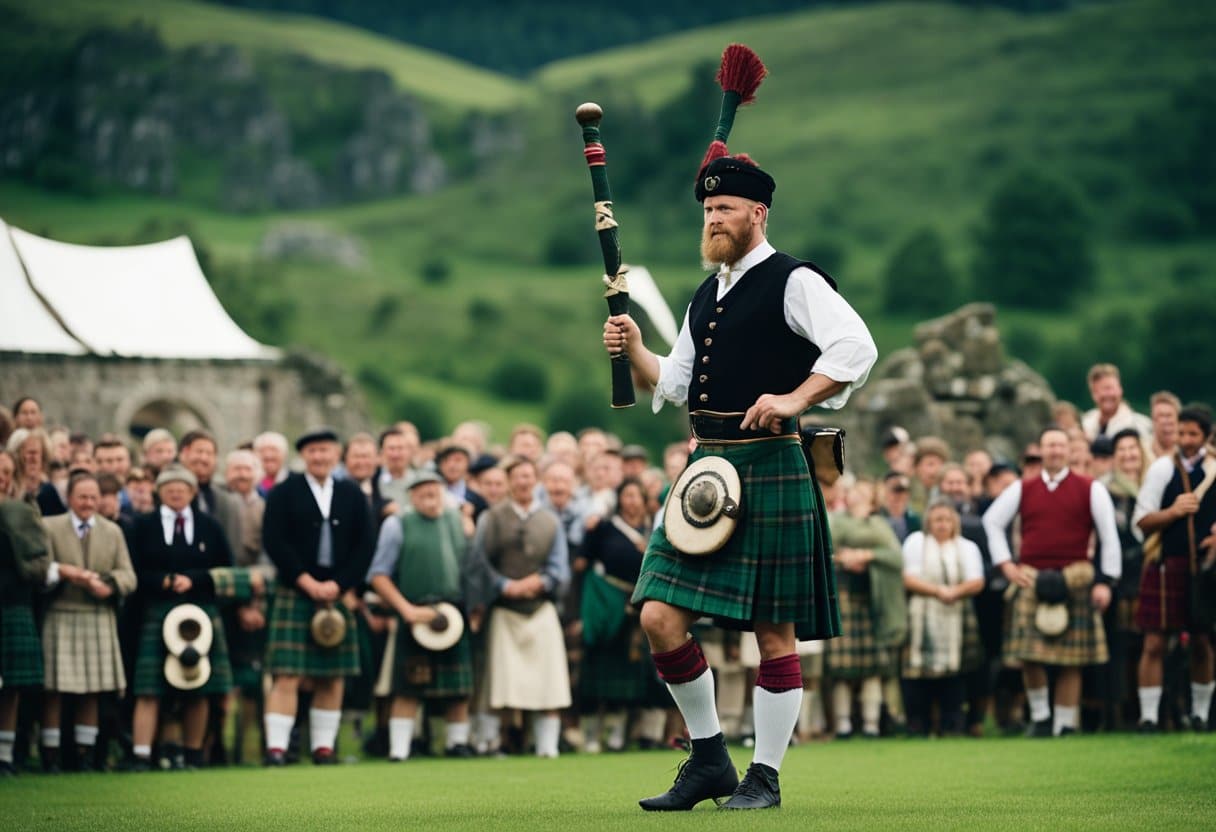 A kilted figure tosses a caber amidst rolling green hills and ancient stone ruins, surrounded by cheering spectators and bagpipe music