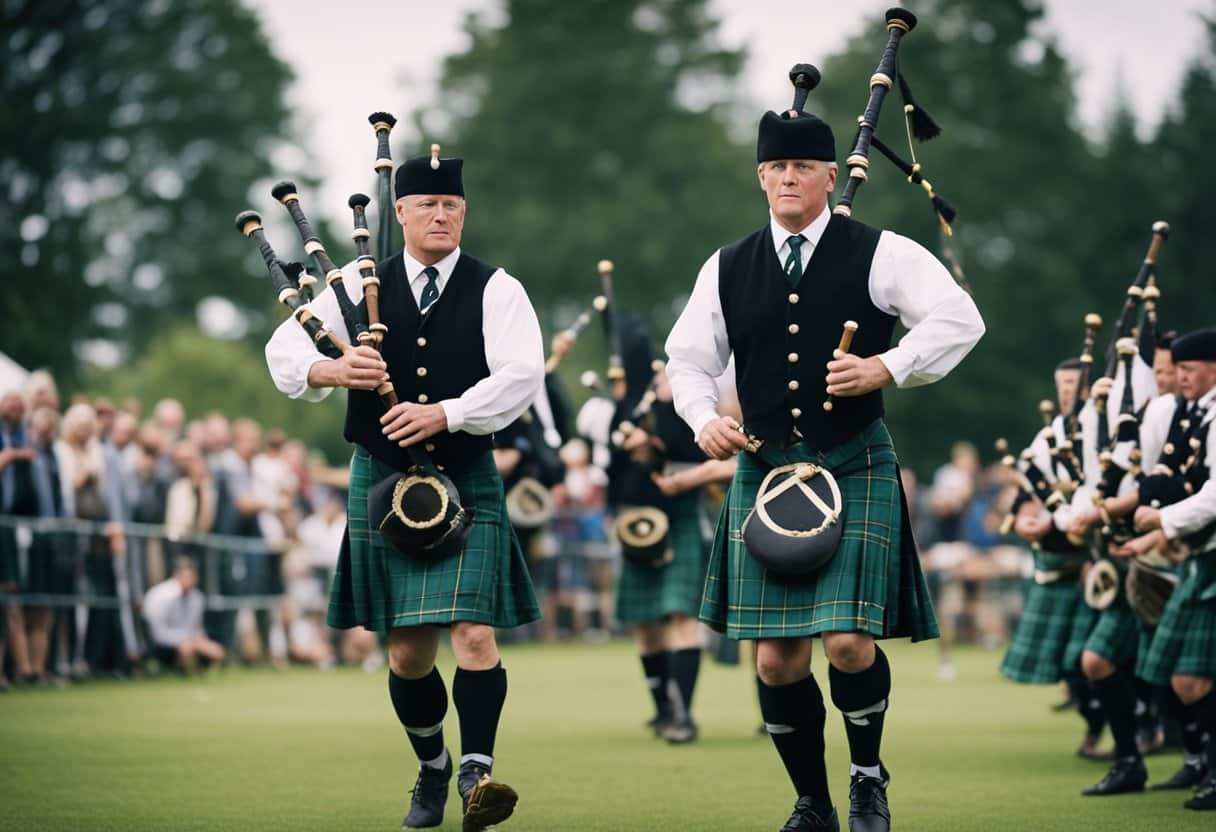Athletes compete in traditional Scottish games, tossing cabers and lifting stones. Bagpipe music fills the air as spectators cheer on the competitors
