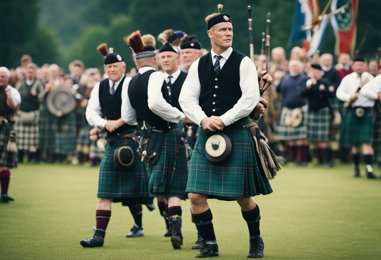 Kilted figures compete in traditional Highland games, adorned with tartan and clan insignia, showcasing strength and heritage