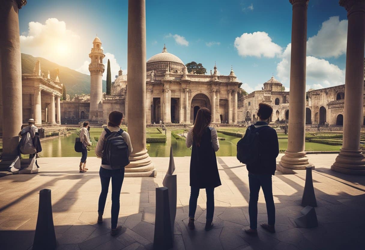 Vibrant digital overlays enhance historical sites, blending past and present. Visitors interact with AR displays, bringing cultural tours to life