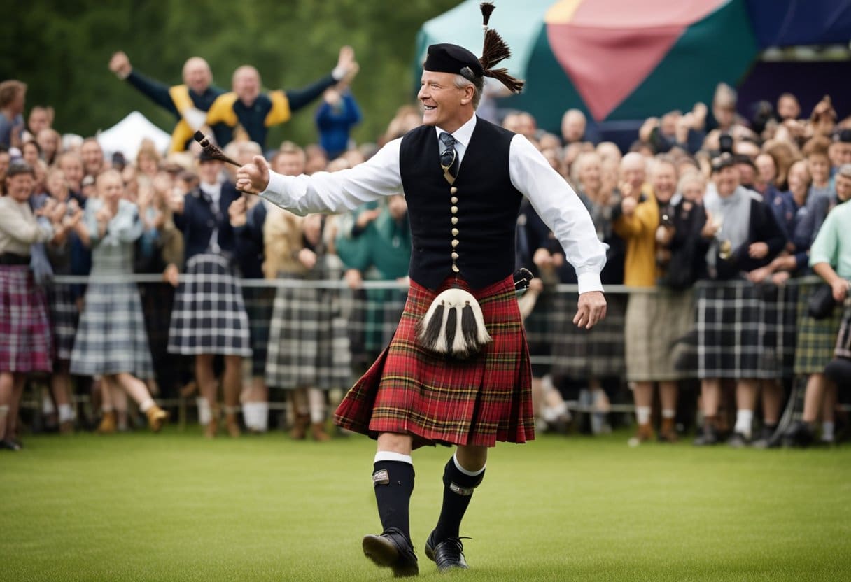 A kilted figure leaps and twirls, surrounded by cheering spectators and the sound of bagpipes at the Highland Games