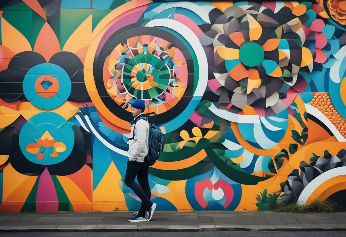 Vibrant murals cover urban walls, blending traditional and modern Irish culture. Bold colors and intricate designs reflect the country's evolving artistic expression