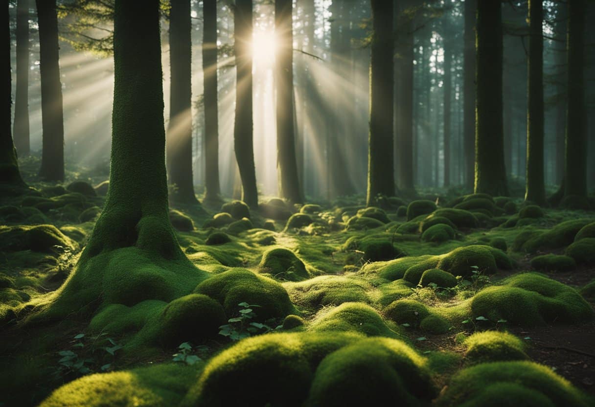 A mystical forest glows with ethereal light, as ancient Irish creatures gather to share lesser-known myths of the land. The air is alive with magic and the whispers of storytelling