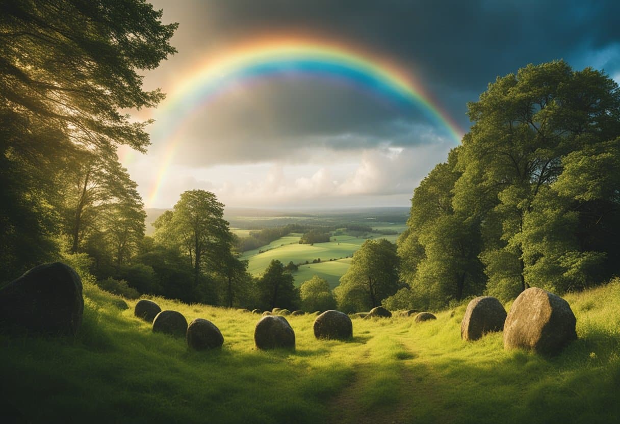 A lush, rolling landscape with ancient stone circles and mystical forests. A rainbow hovers in the sky, leading to a hidden realm beyond