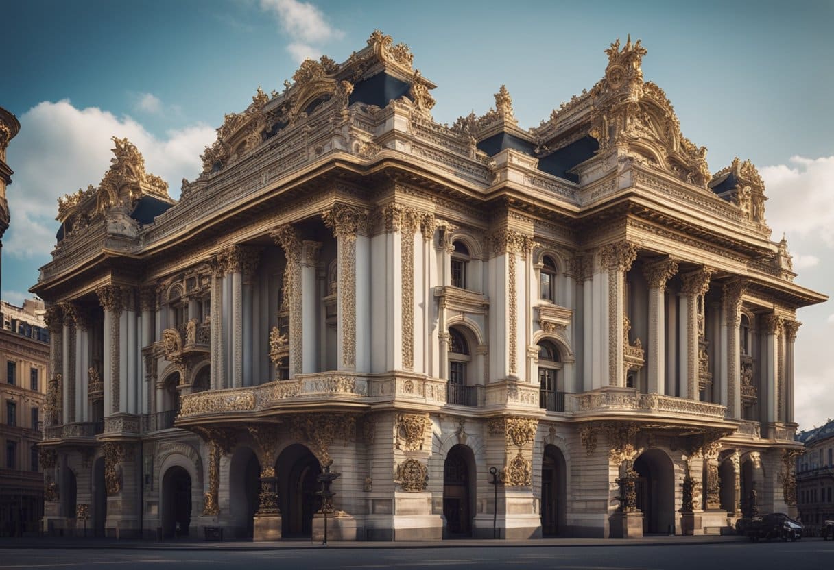 A grand opera house stands tall, adorned with intricate architectural details and opulent decorations, showcasing the historical development of European opera houses