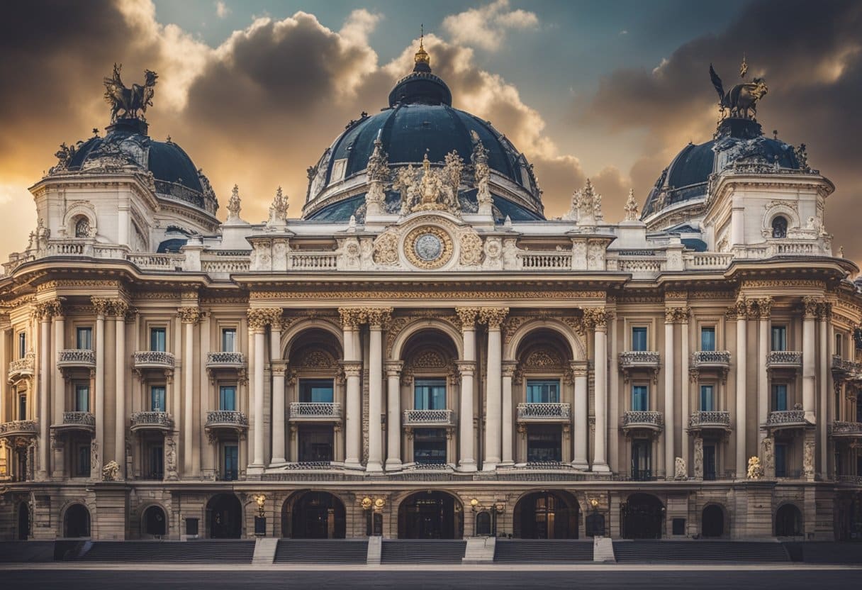 Busy Covent Garden with its iconic market stalls, surrounded by grand opera houses of Europe. Vibrant architecture and bustling activity