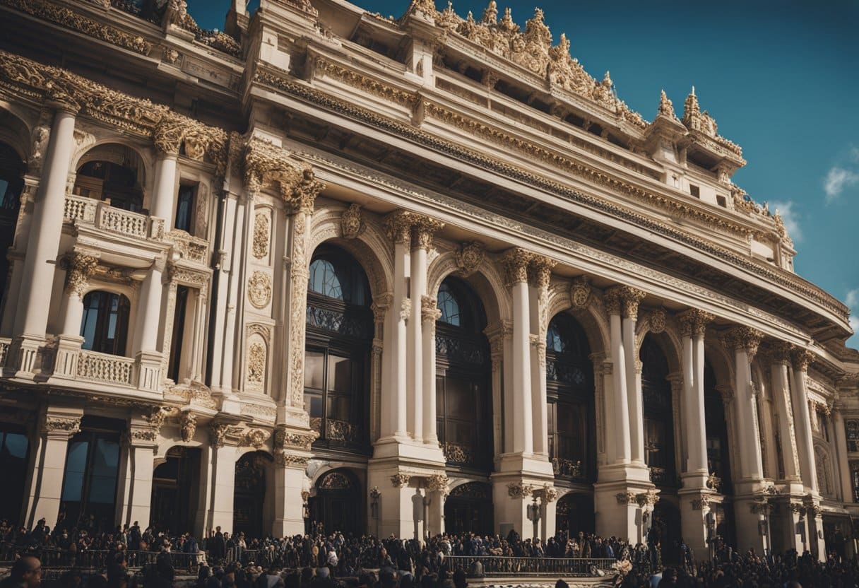 The grand opera house stands tall, adorned with intricate architectural details. A bustling crowd gathers in front, eager to witness a world-class performance
