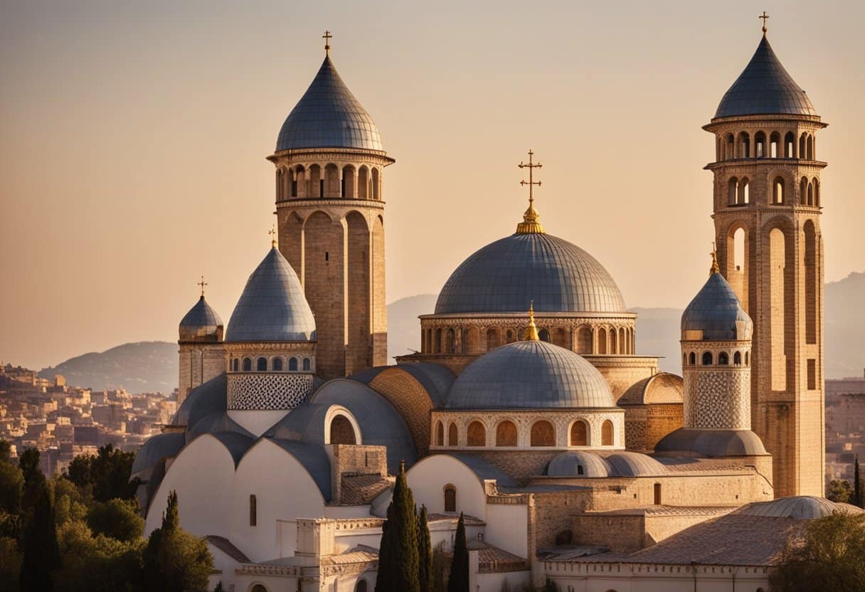 A Byzantine cathedral stands tall, blending Roman and Eastern architectural elements. Mosaics depict scenes of both Christian and Byzantine culture, reflecting the empire's role as a bridge between East and West