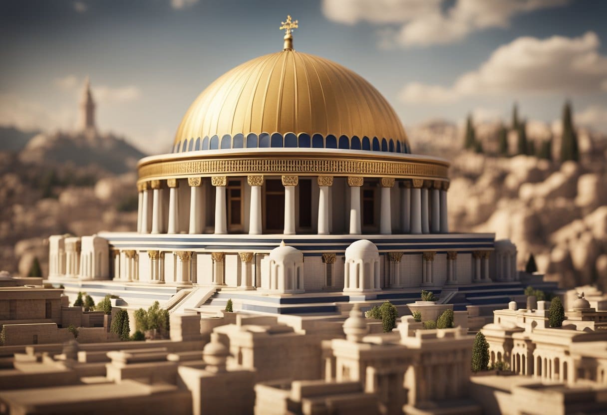 The Byzantine Empire's political structure and legislation are depicted through the blending of Eastern and Western cultural symbols and architectural elements