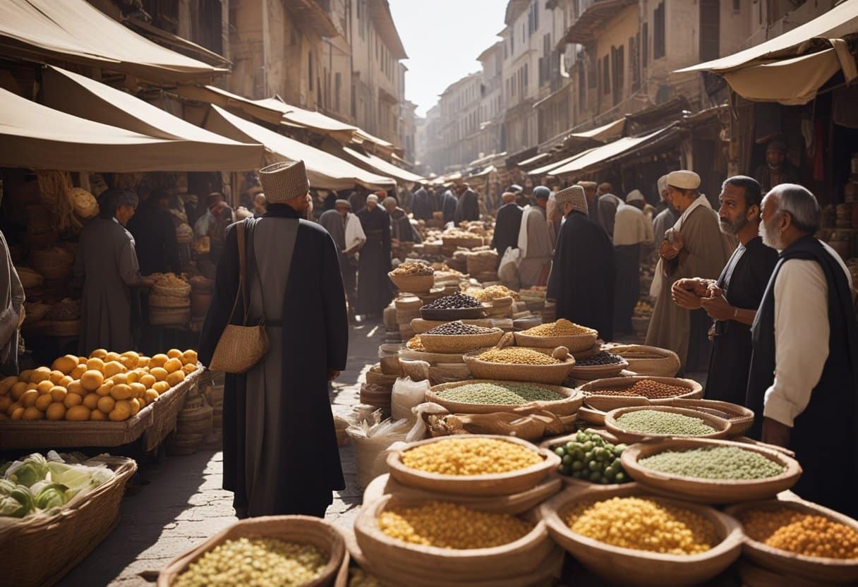 A bustling marketplace with traders from East and West exchanging goods and ideas, symbolizing the cultural exchange facilitated by the Byzantine Empire