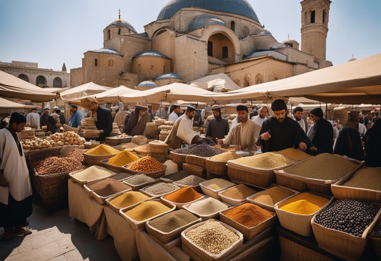 The bustling Byzantine marketplace showcases goods from both East and West, with merchants haggling over silk, spices, and precious metals. The iconic domed architecture of the city serves as a backdrop to the lively trade