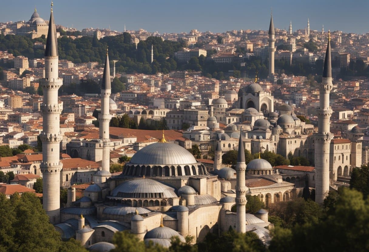 The bustling city of Constantinople, with its towering walls and majestic domes, stands as a symbol of the Byzantine Empire's birth and growth, bridging the cultures of East and West