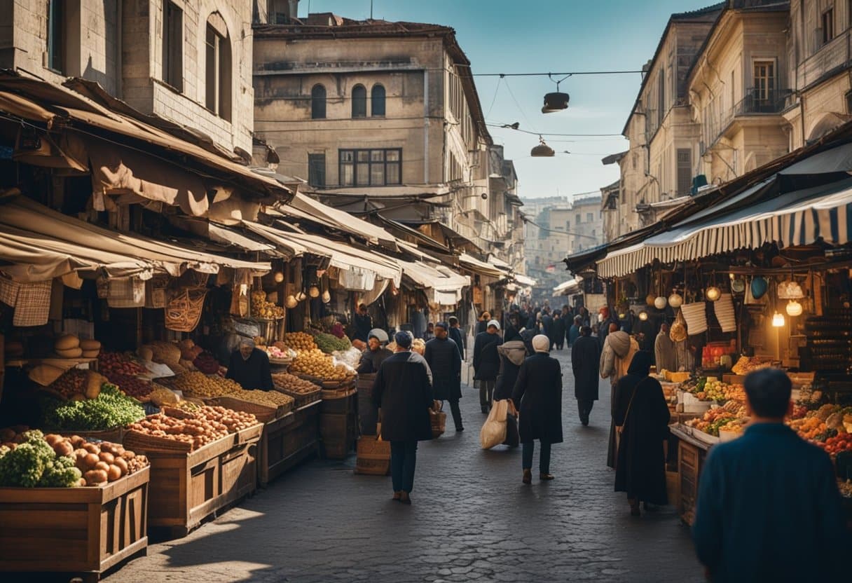 The bustling streets of Constantinople, with Greek and Eastern influences evident in the architecture and market stalls. A diverse array of people from different cultures interact, showcasing the blending of East and West