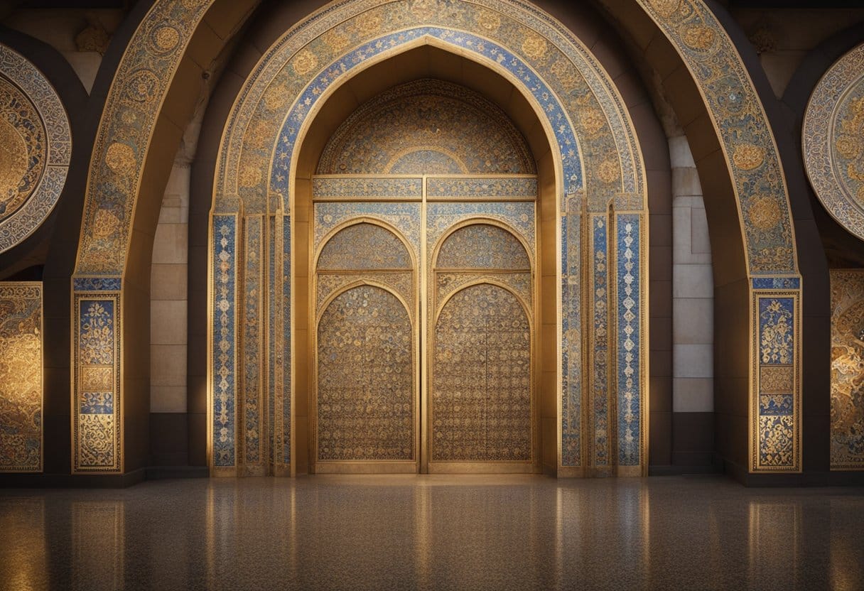 A mosaic of Byzantine and Asian motifs merge on a grand archway, symbolizing the cultural exchange between East and West