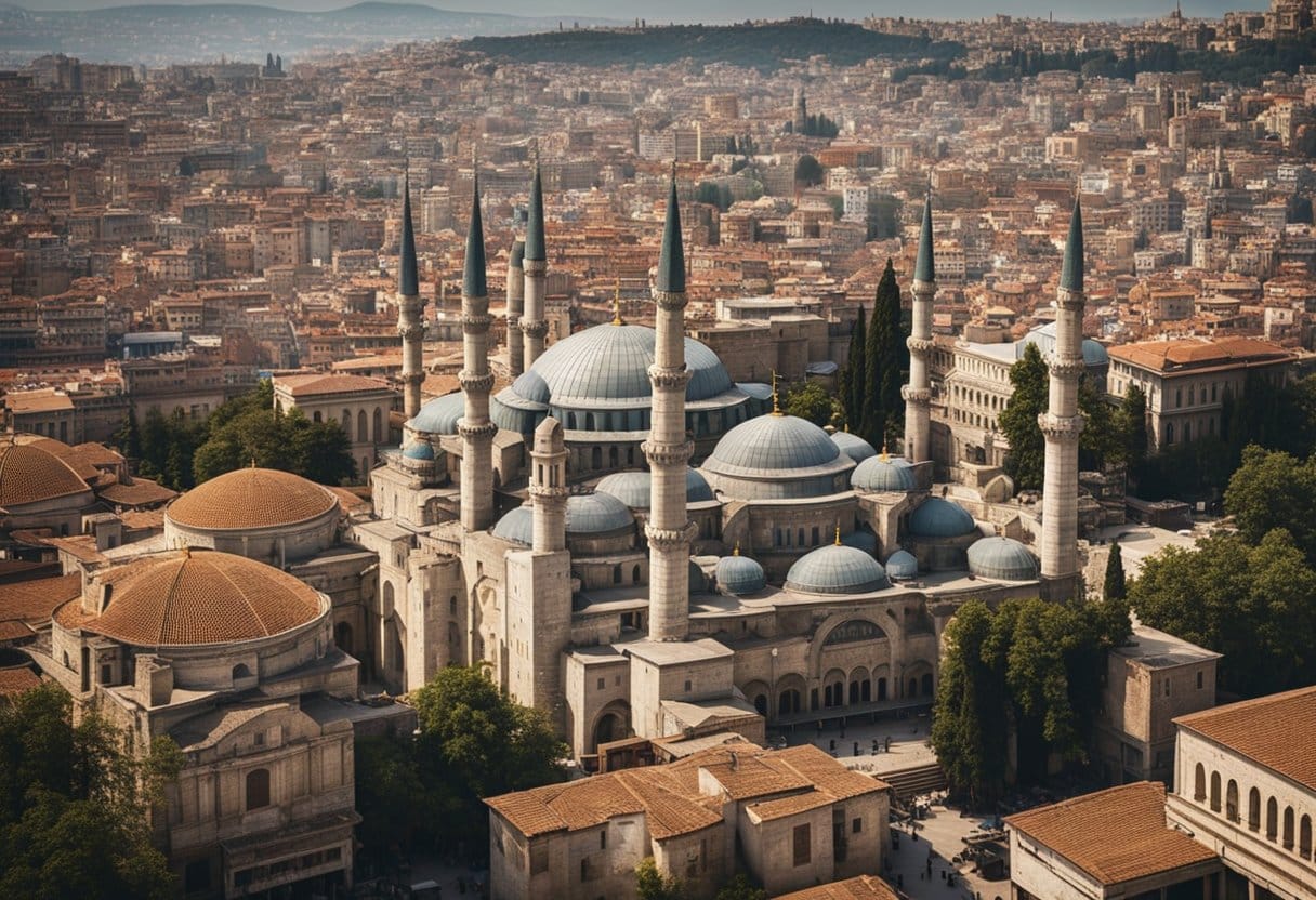 The bustling streets of Constantinople showcase a blend of Eastern and Western architecture, with domed mosques and grand Roman columns standing side by side. Traders from across the known world mingle in the vibrant marketplace, exchanging goods and ideas