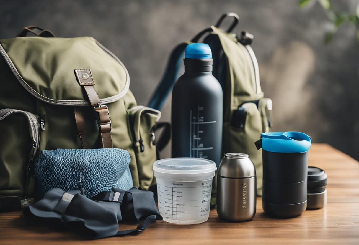 A traveler's backpack filled with reusable containers, a metal water bottle, and a cloth tote bag. A map, compass, and sustainable guidebook lay on a wooden table