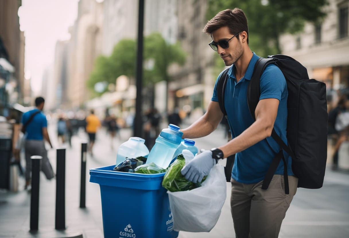 A traveler sorts recyclables into designated bins on a bustling city street, with a reusable water bottle and cloth tote bag in hand