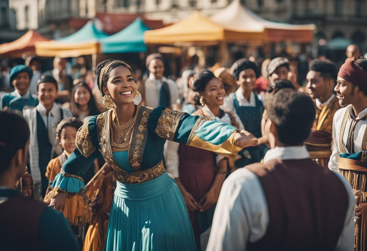 A bustling city square with a diverse crowd watching street performers from different cultures showcasing their talents. The atmosphere is lively and vibrant, with colorful costumes and various musical instruments adding to the scene