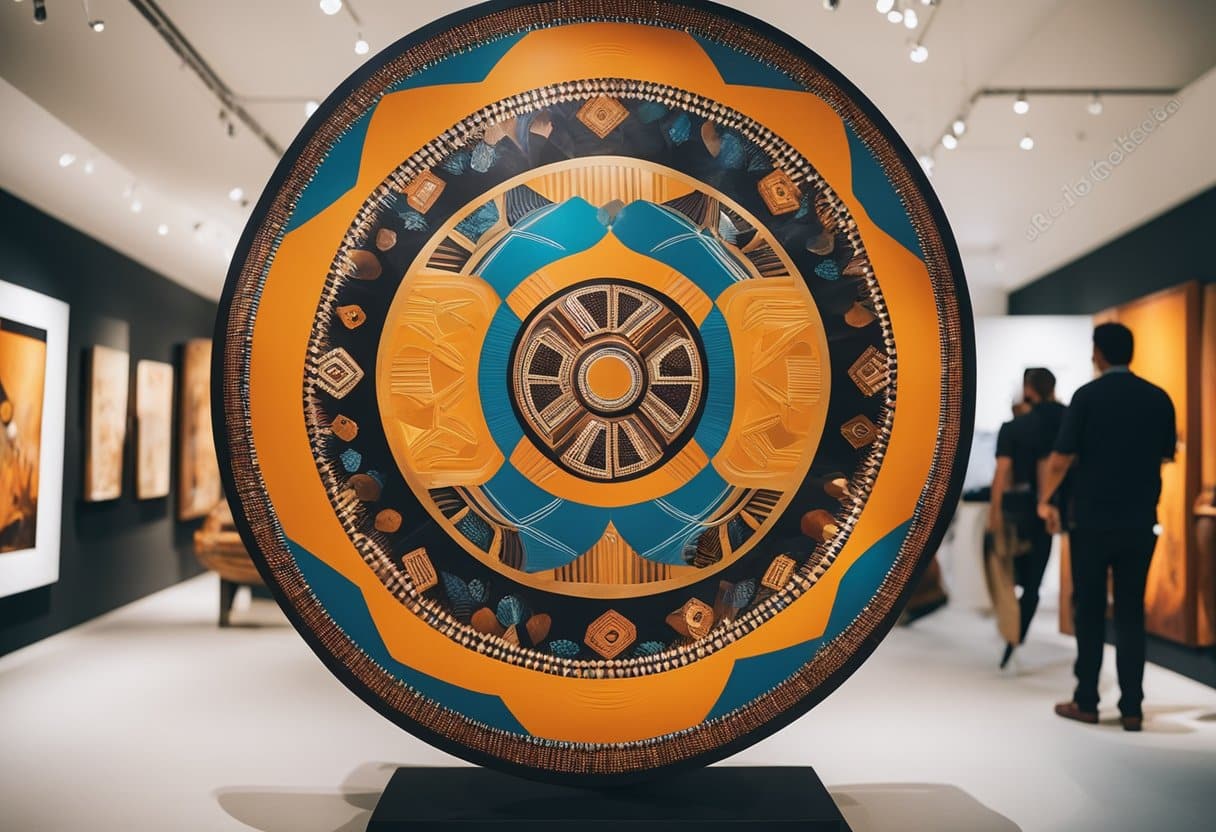 Vibrant indigenous artworks from Australia and the Americas fill a gallery, showcasing rich cultural heritage and contemporary creativity