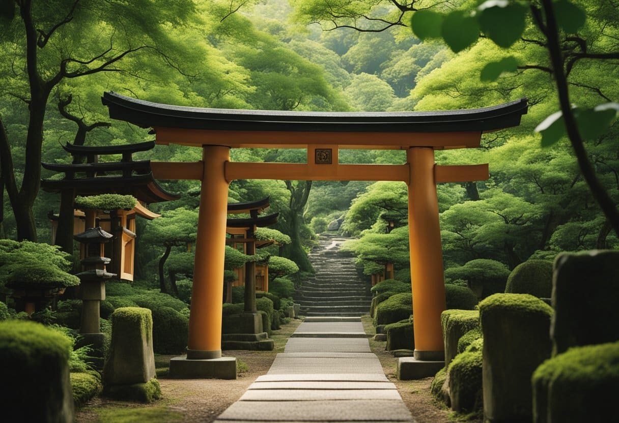 A winding forest path leads to a traditional Japanese torii gate, surrounded by lush greenery and ancient stone lanterns