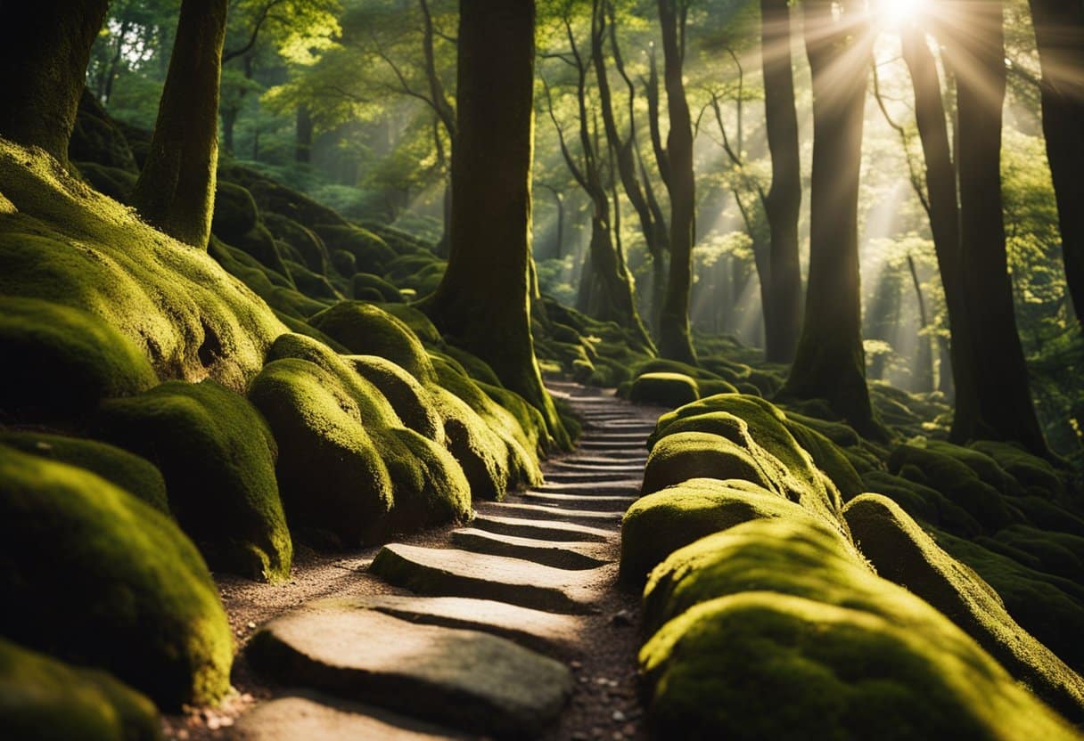 Sunlight filters through dense forest, casting dappled shadows on the ancient stone path of the Kumano Kodo. Moss-covered trees and vibrant foliage line the trail, creating a serene and mystical atmosphere