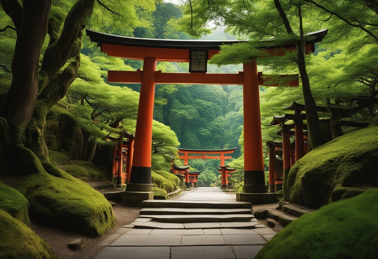 A winding mountain path lined with ancient cedar trees, leading to a traditional Japanese shrine nestled among the lush greenery. Red torii gates mark the entrance, while the sound of a distant waterfall fills the air
