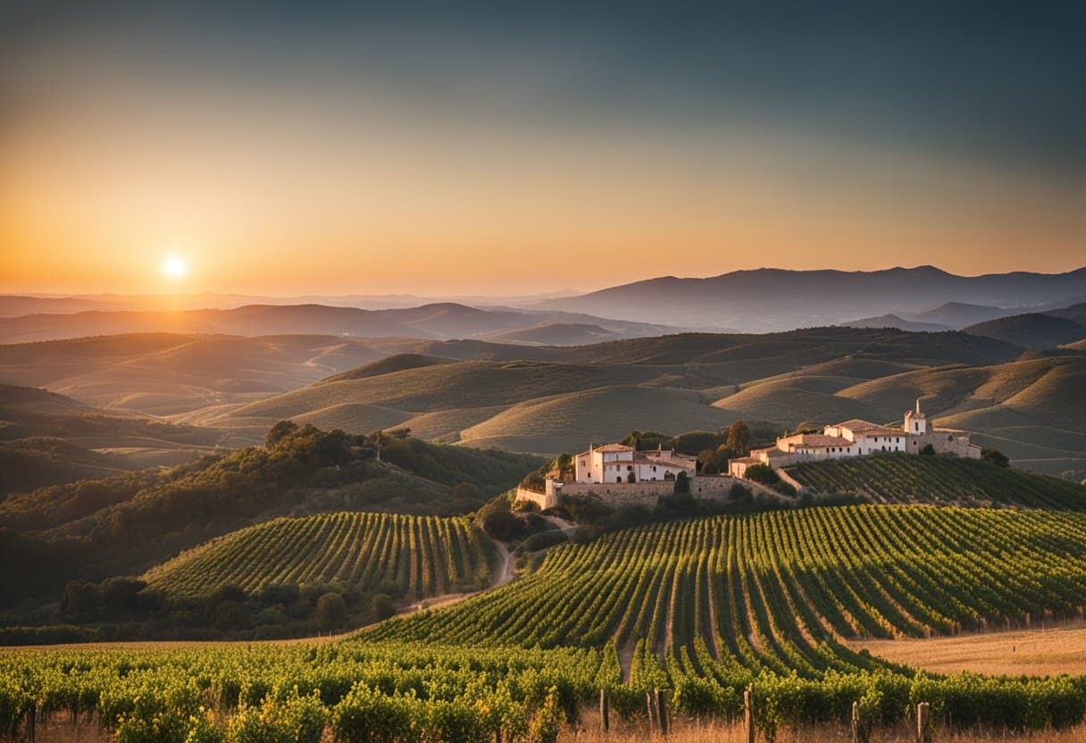 The sun sets over the rolling hills of Spain, casting a warm glow over the rustic villages and vineyards, as the scent of paella and sangria fills the air
