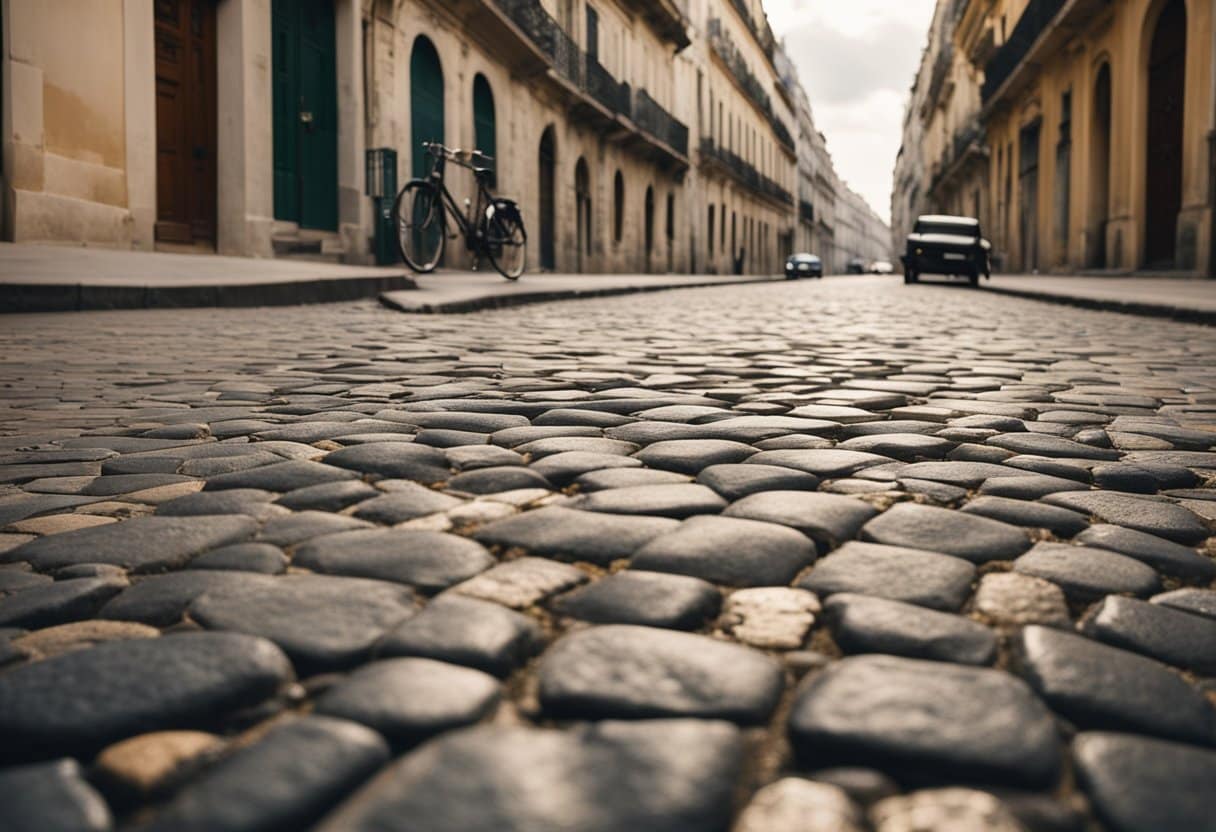 A cobblestone street winds past iconic landmarks from Paris to Havana, evoking the literary legacy of Hemingway's influential travels
