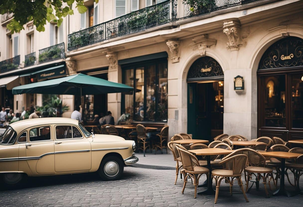 A bustling Parisian cafe, with cobblestone streets and wrought iron tables, overlooking the Seine River. A vintage car parked outside a Cuban bar, with palm trees swaying in the background