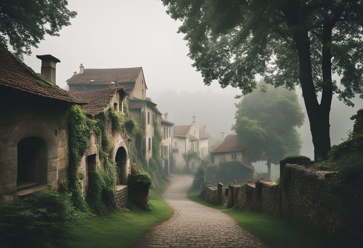 European villages fading into the mist, surrounded by lush greenery and ancient architecture. A sense of decline and preservation intertwined in the landscape