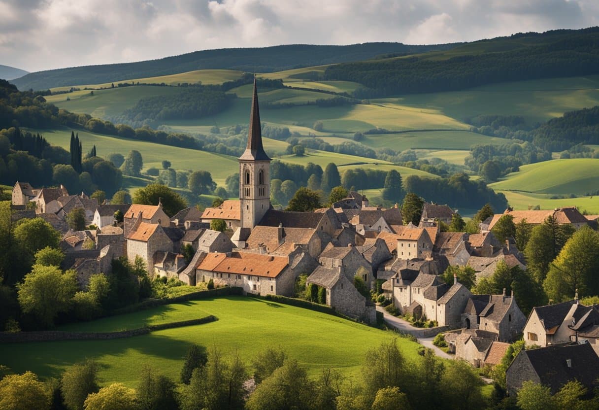 A quaint European village nestled among rolling hills, surrounded by fields and forests. A mix of ancient stone buildings and colorful cottages, with a church spire rising above the rooftops