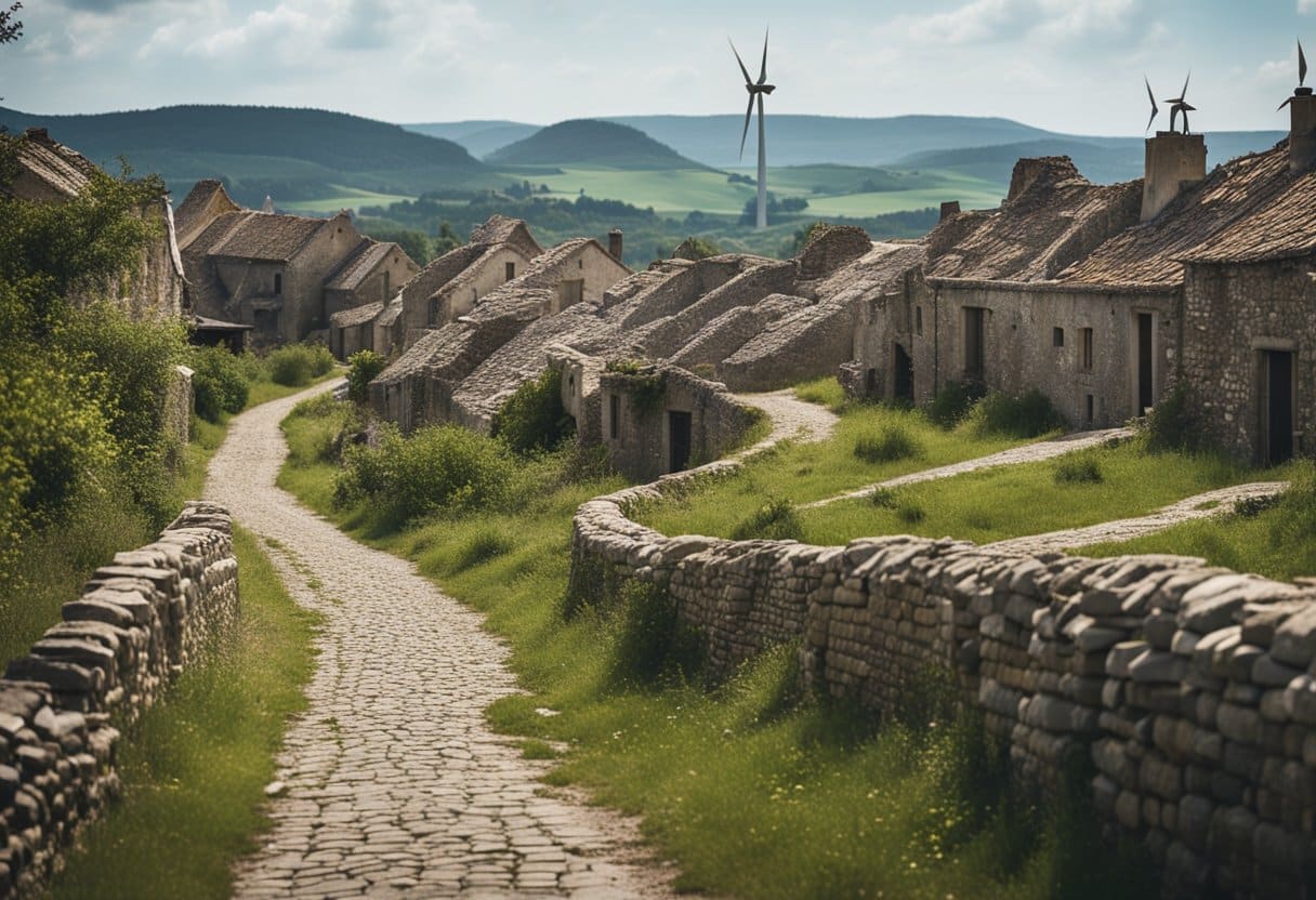 A network of deserted cobblestone streets winds through the crumbling remnants of a once-thriving European village. Dilapidated stone houses stand in stark contrast to the modern wind turbines looming on the horizon