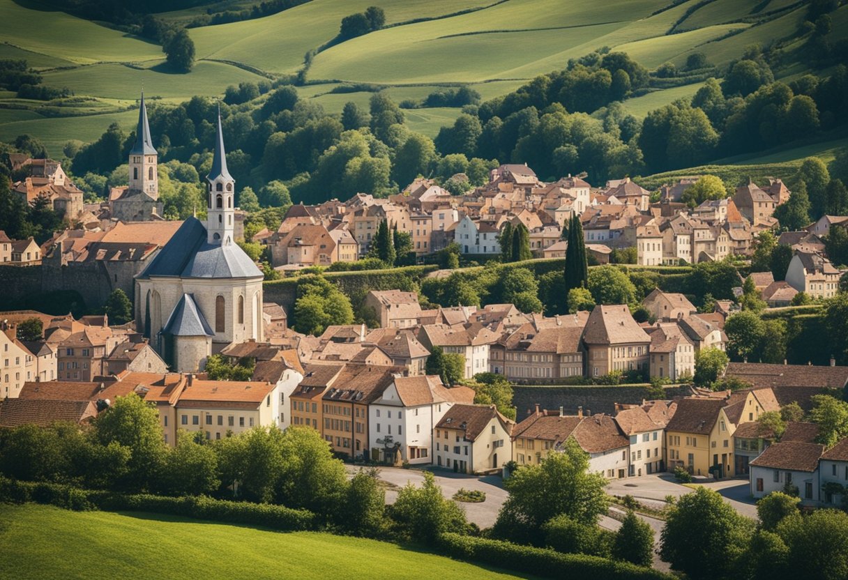 A quaint European village nestled among rolling hills, with charming cobblestone streets, colorful houses, and a centuries-old church looming in the background