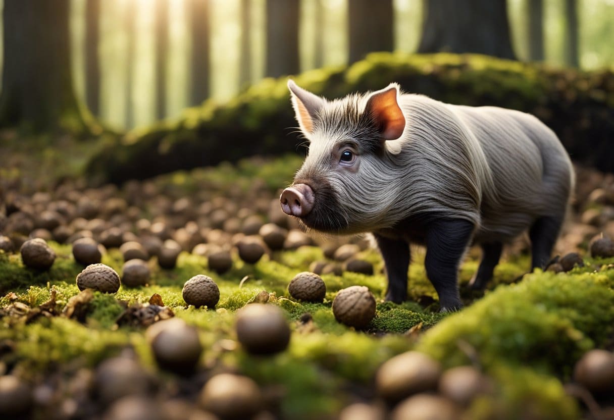 Truffles grow beneath the forest floor, nestled among the roots of oak and hazelnut trees. A small pig or dog sniffs out the precious fungi, guided by the earthy aroma