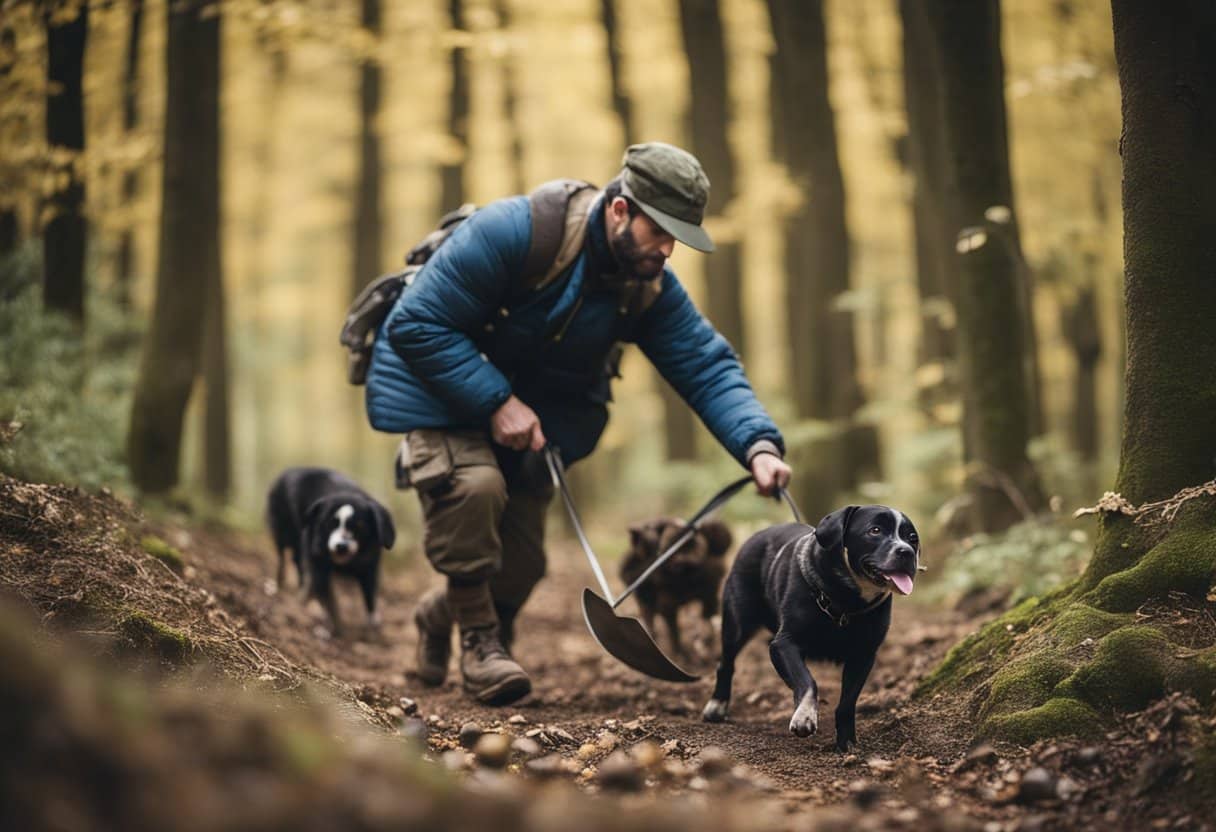 Truffles hunters scouring through dense forests with their trained dogs, eagerly searching for the prized culinary gold hidden beneath the earth's surface
