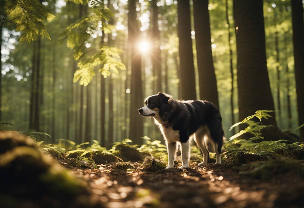 Sunlight filters through dense forest canopy onto a forest floor. A truffle hunter's dog sniffs out a hidden treasure, while conservation efforts protect the delicate ecosystem