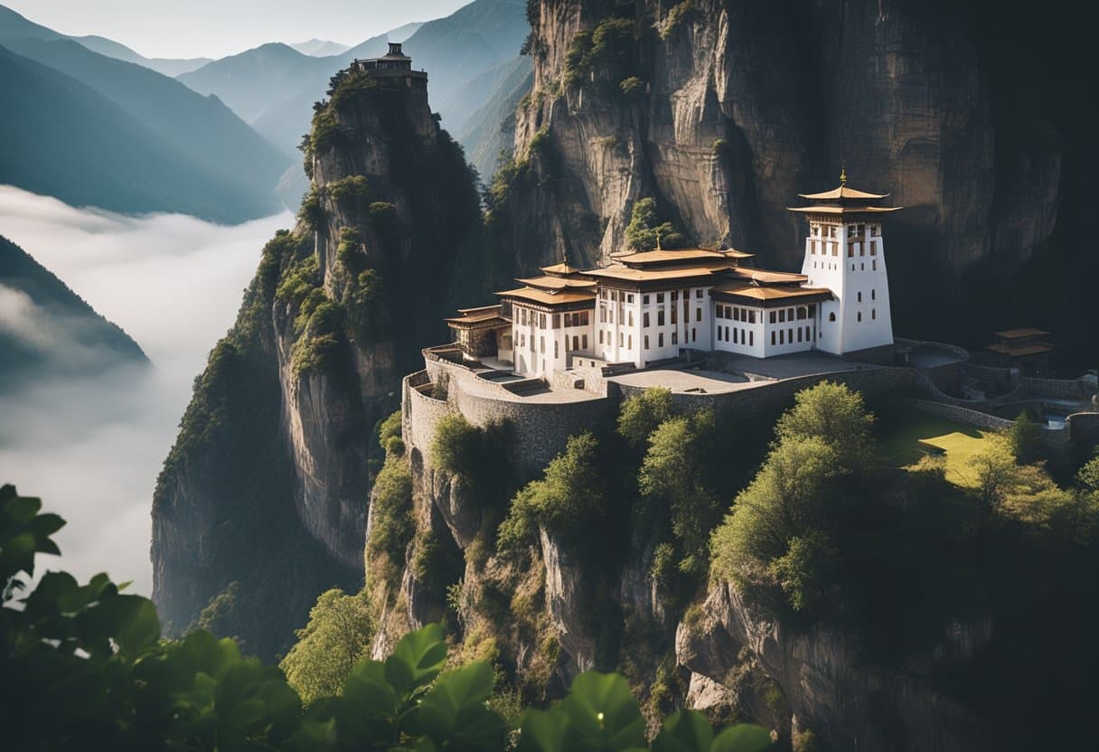A remote monastery sits perched on a rugged cliff, surrounded by misty mountains and serene valleys, with a winding path leading to its ancient gates