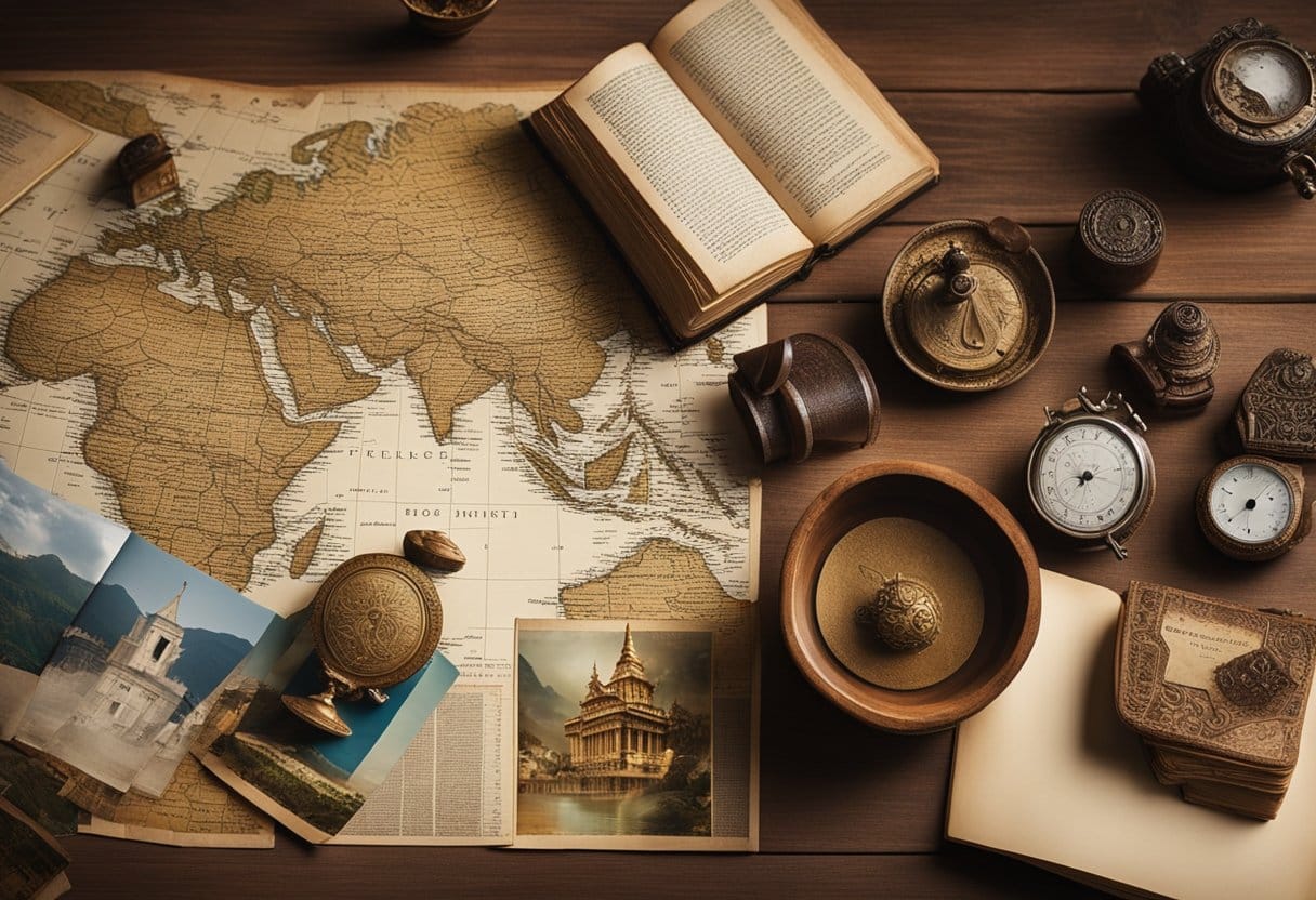 Various cultures' flood stories compared in a global study. Books, maps, and ancient artifacts scattered on a table