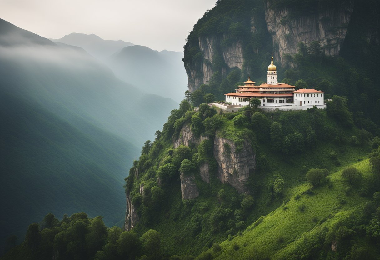 A solitary monastery perched on a rugged cliff, surrounded by misty mountains and lush forests, with a winding path leading to its entrance