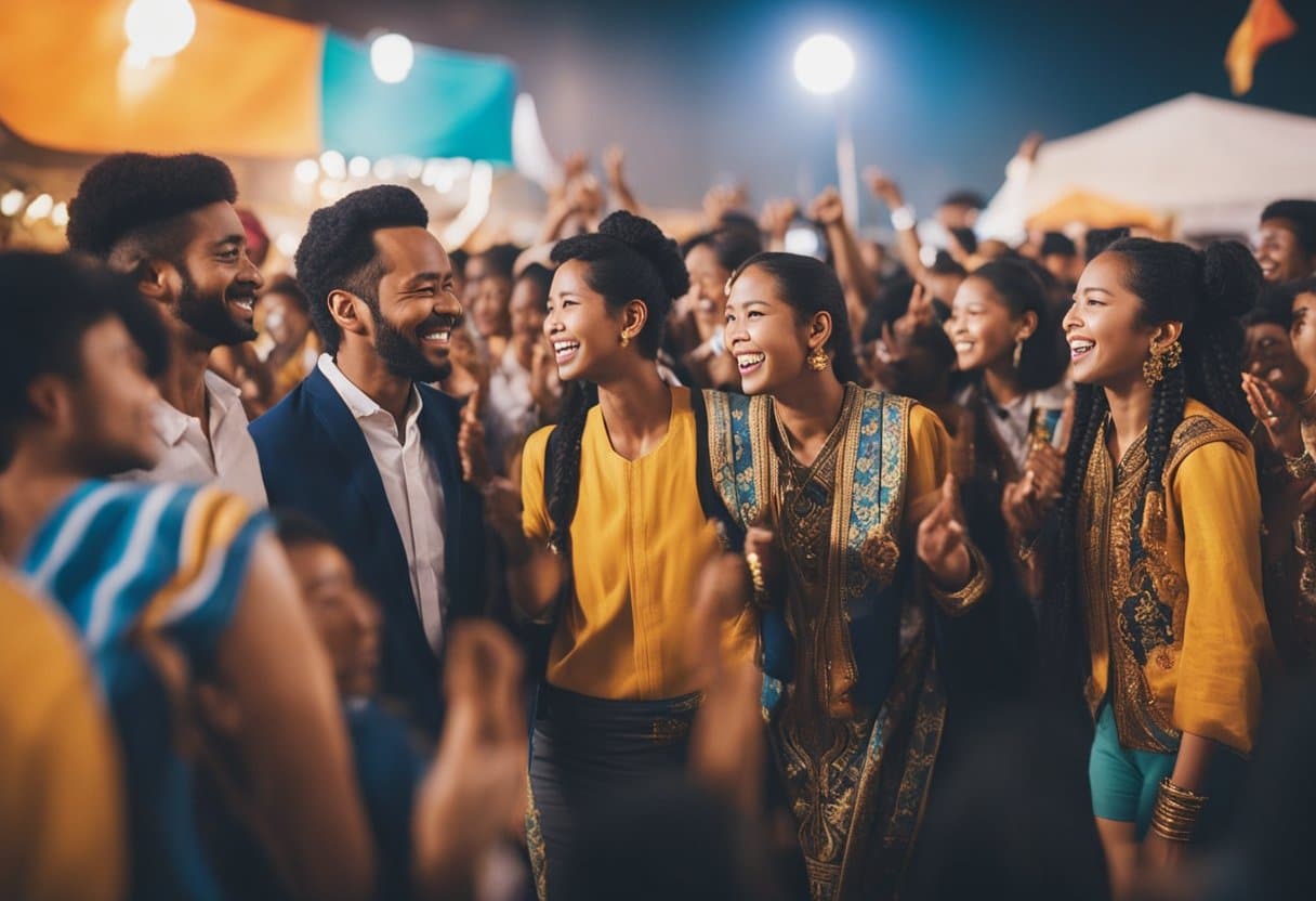 A vibrant festival scene with diverse cultural elements and joyful participants celebrating together. The atmosphere exudes a sense of community, connection, and preservation of traditions