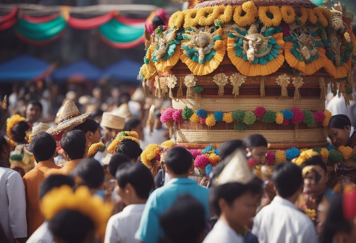 A vibrant festival scene with diverse cultural symbols, food, and music, showcasing unity and celebration