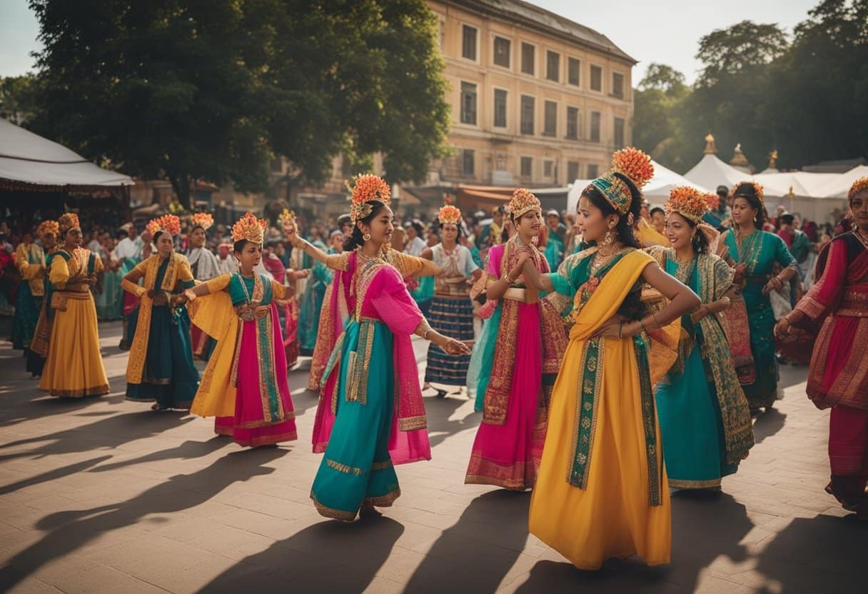 A vibrant festival scene with traditional music, dance, and food. People of all ages participate, showcasing the community's cultural heritage and creating a sense of unity and continuity